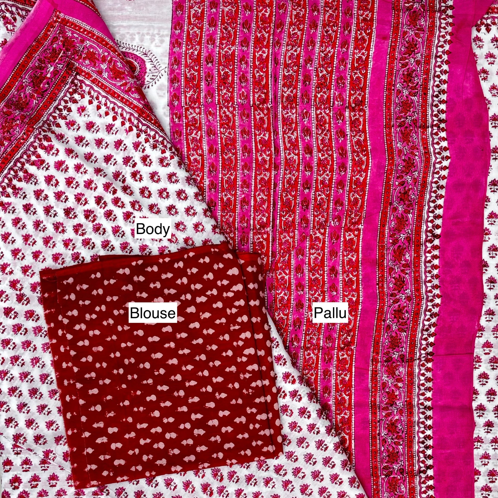 Pink White Block Printed Cotton Saree Blouse Pallu