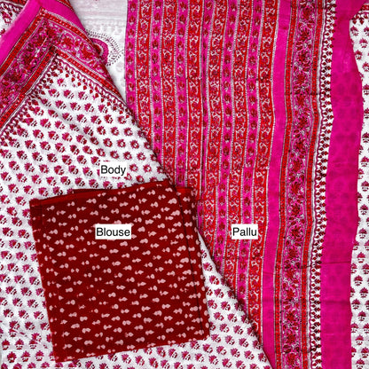 Pink White Block Printed Cotton Saree Blouse Pallu