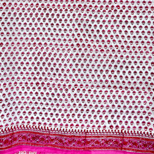 mulmul cotton saree, floral print saree, Pink, White,blockprinted cotton saree
