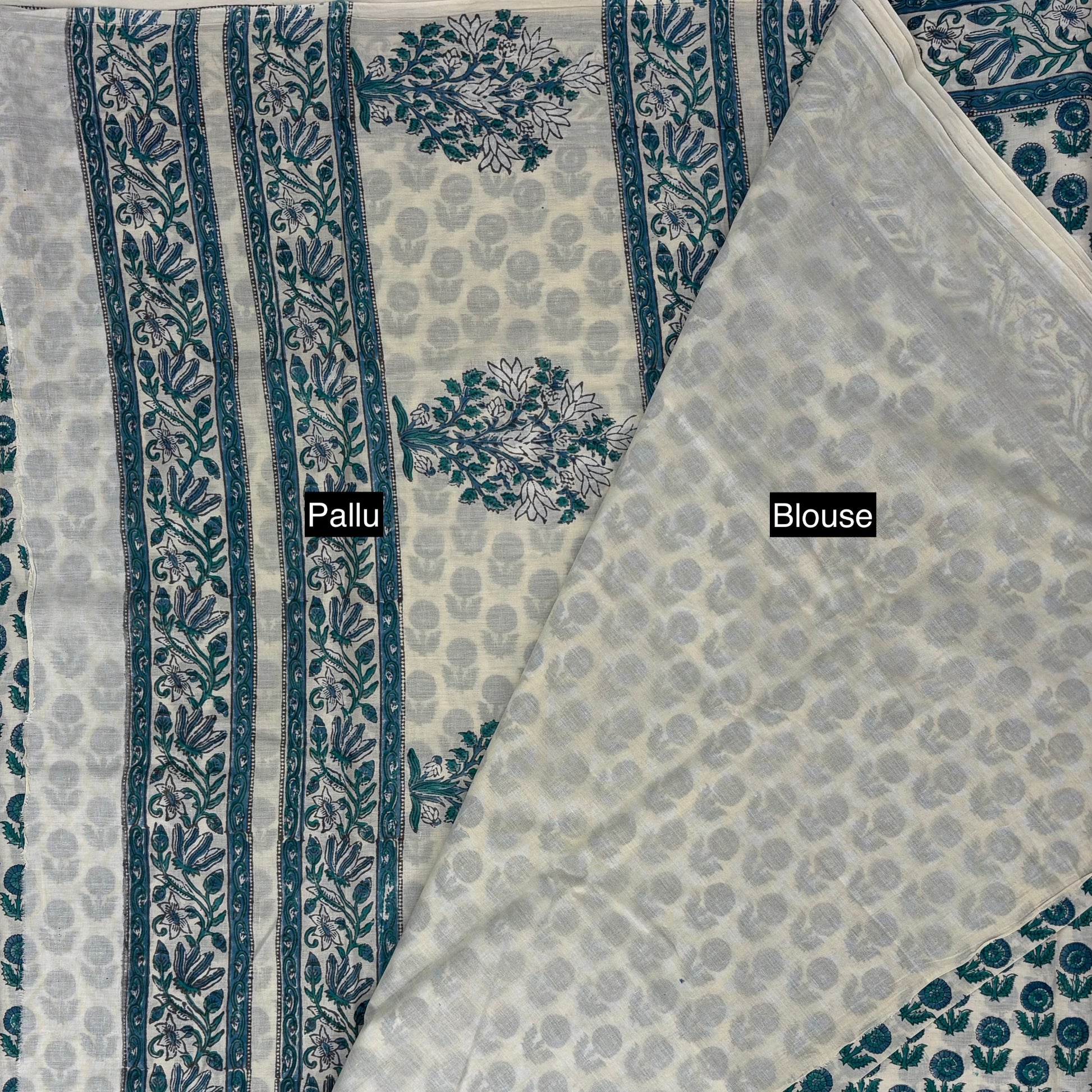 Pista Green Block Printed Cotton Saree Blouse Pallu