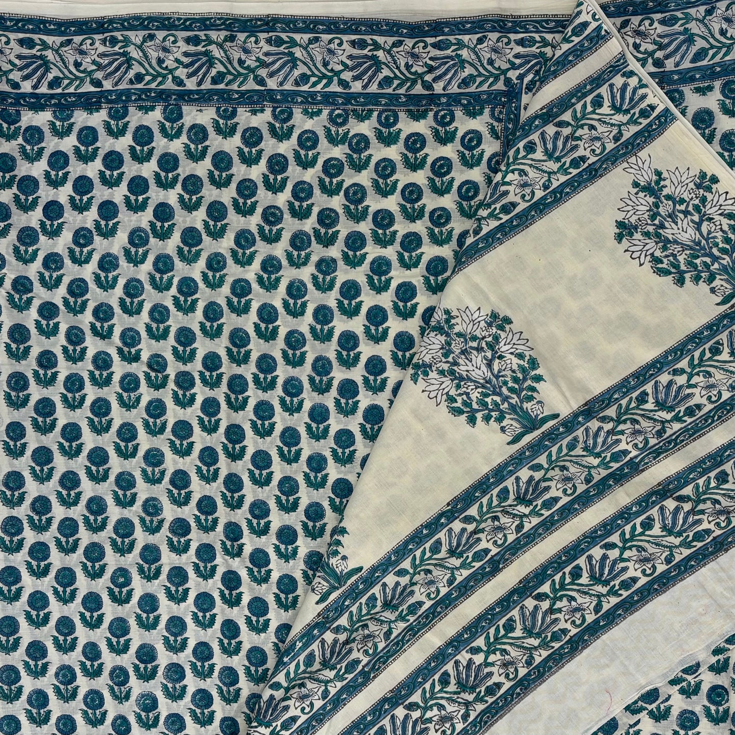 Pista Green Block Printed Cotton Saree Blouse Pallu