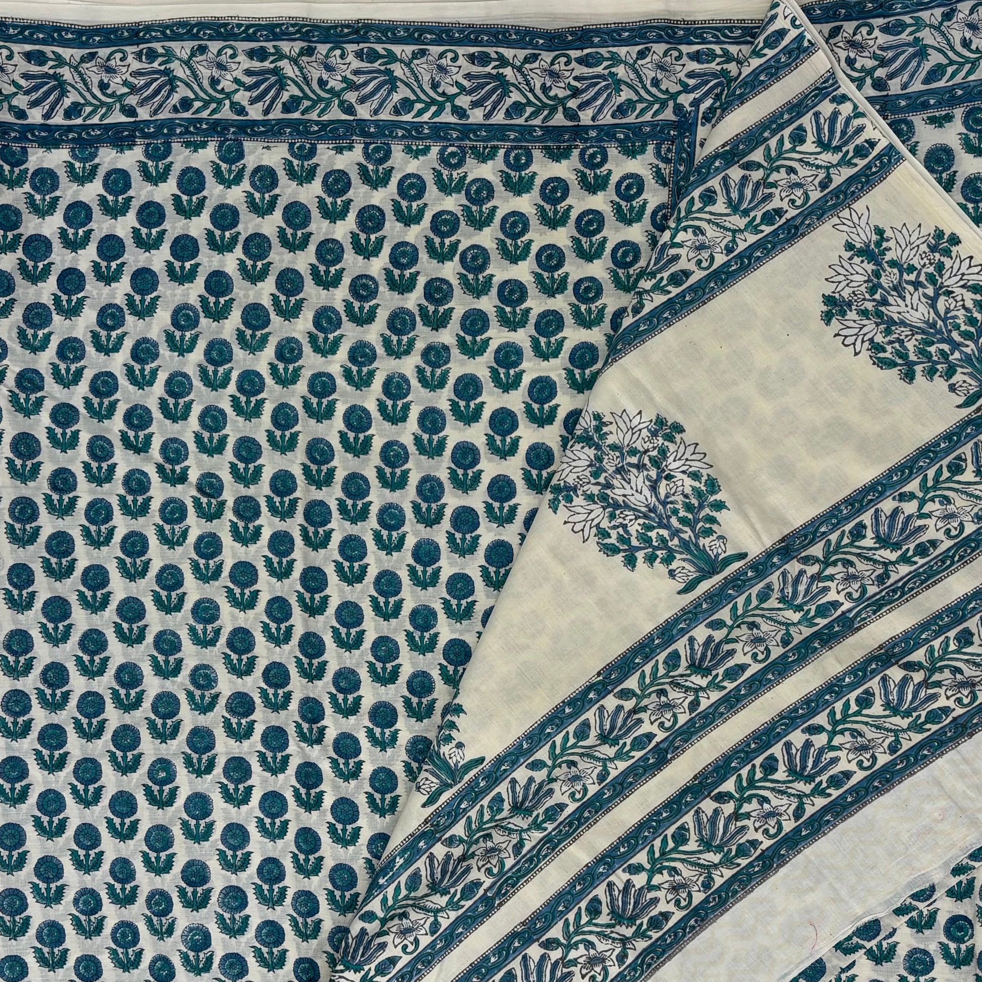 Pista Green Block Printed Cotton Saree Blouse Pallu