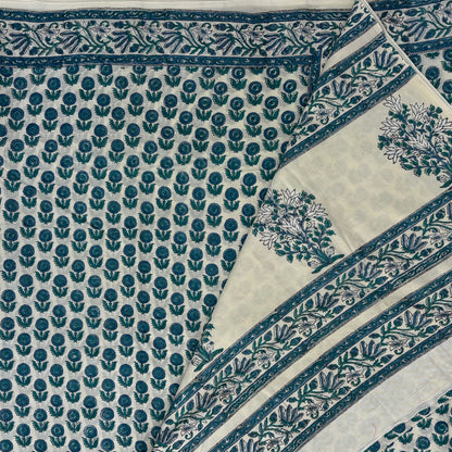 Pista Green Block Printed Cotton Saree Blouse Pallu