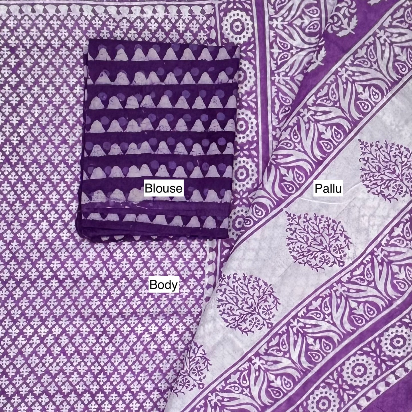 Purple White Cotton Block Printed Saree Blouse Pallu