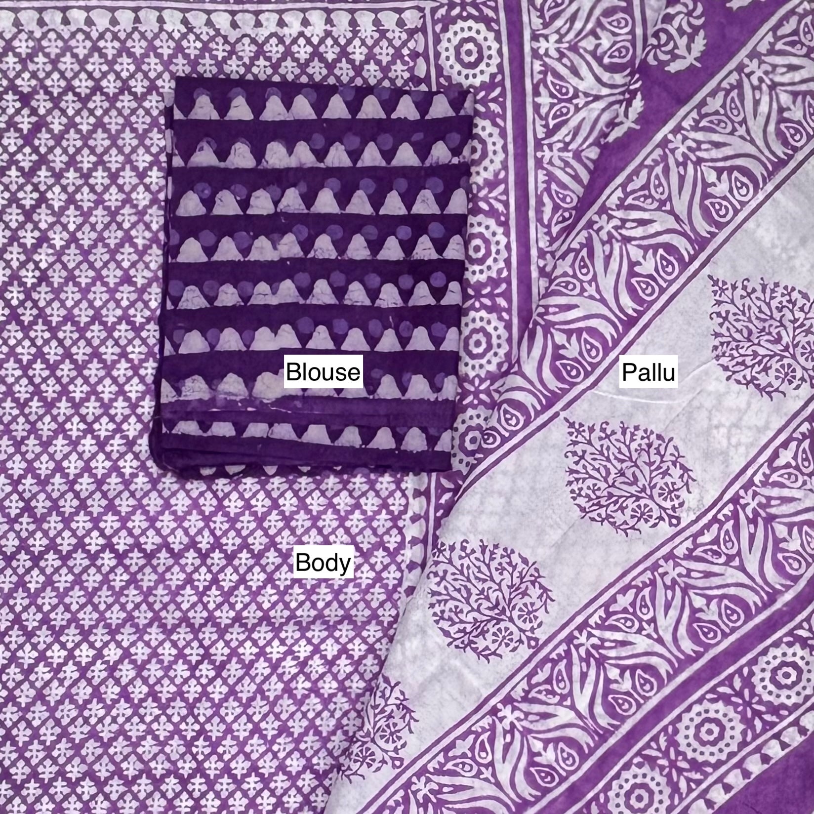 Purple White Cotton Block Printed Saree Blouse Pallu