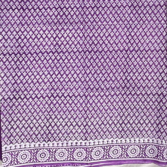 Purple White Cotton Block Printed Saree Body