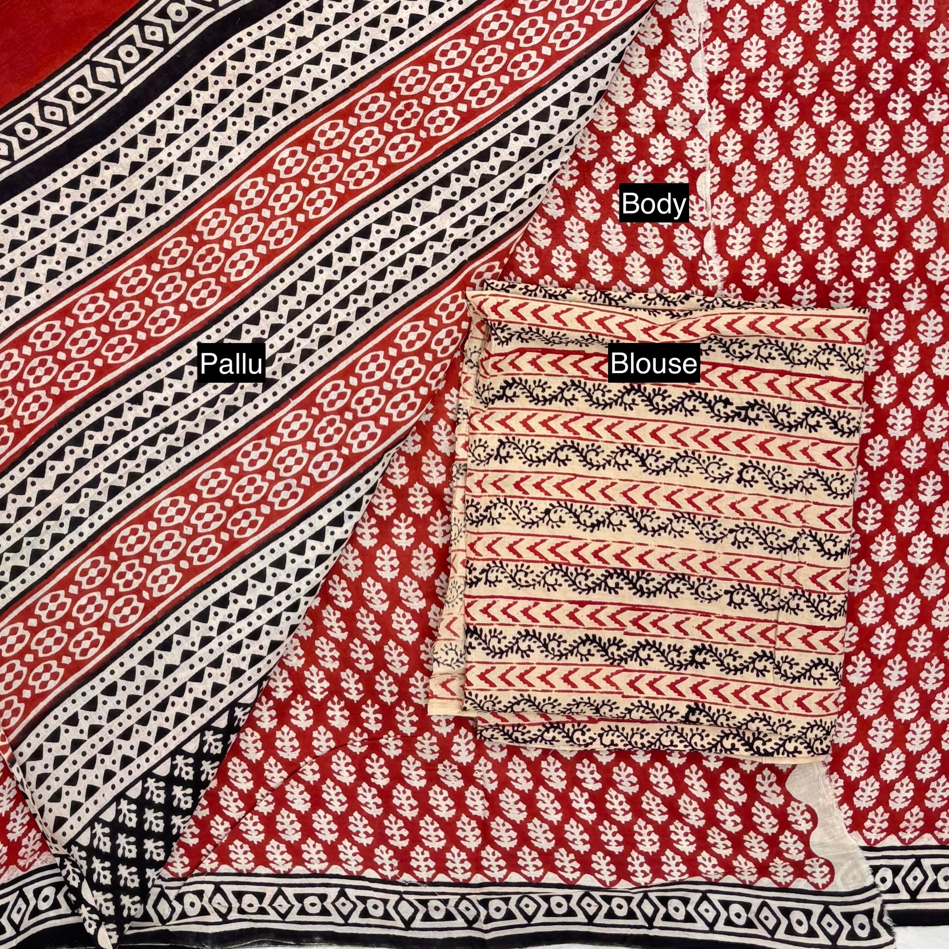 Bagru Blockprinted Cotton Saree Red White Flower Booti Pallu & Blouse