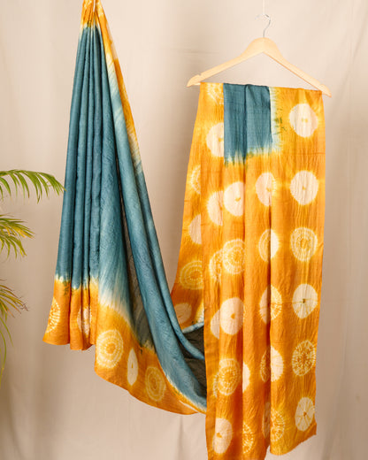 Shibori Tussar Silk Saree Grey Yellow Colours Handloom Saree Handcrafted textile Made in India