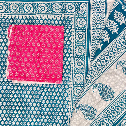 Teal White Cotton Block Printed Saree Blouse Pallu