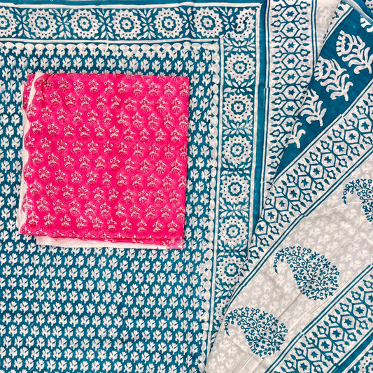 Teal White Cotton Block Printed Saree Blouse Pallu