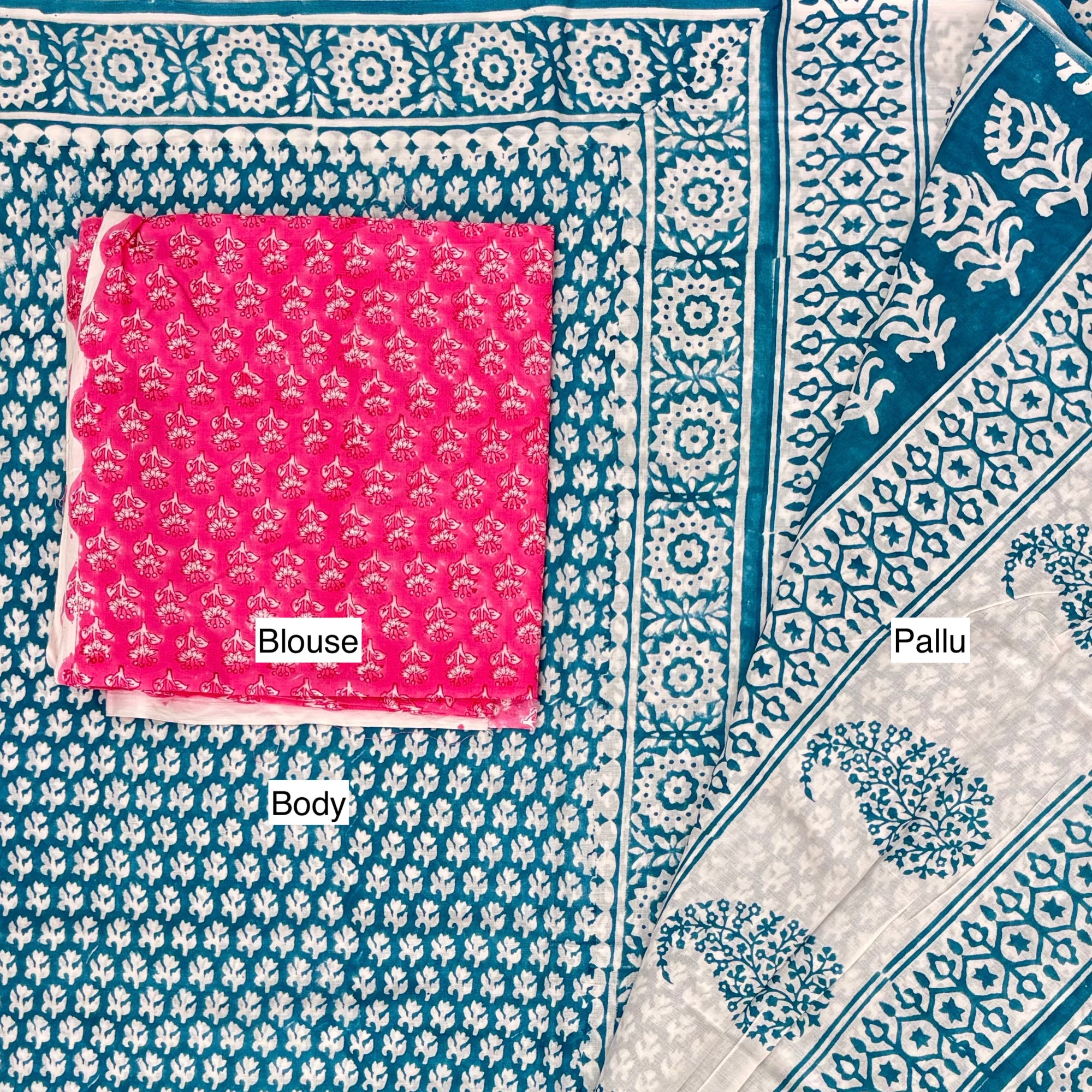 Teal White Cotton Block Printed Saree Blouse Pallu