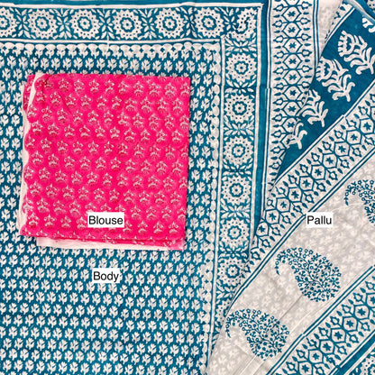 Teal White Cotton Block Printed Saree Blouse Pallu
