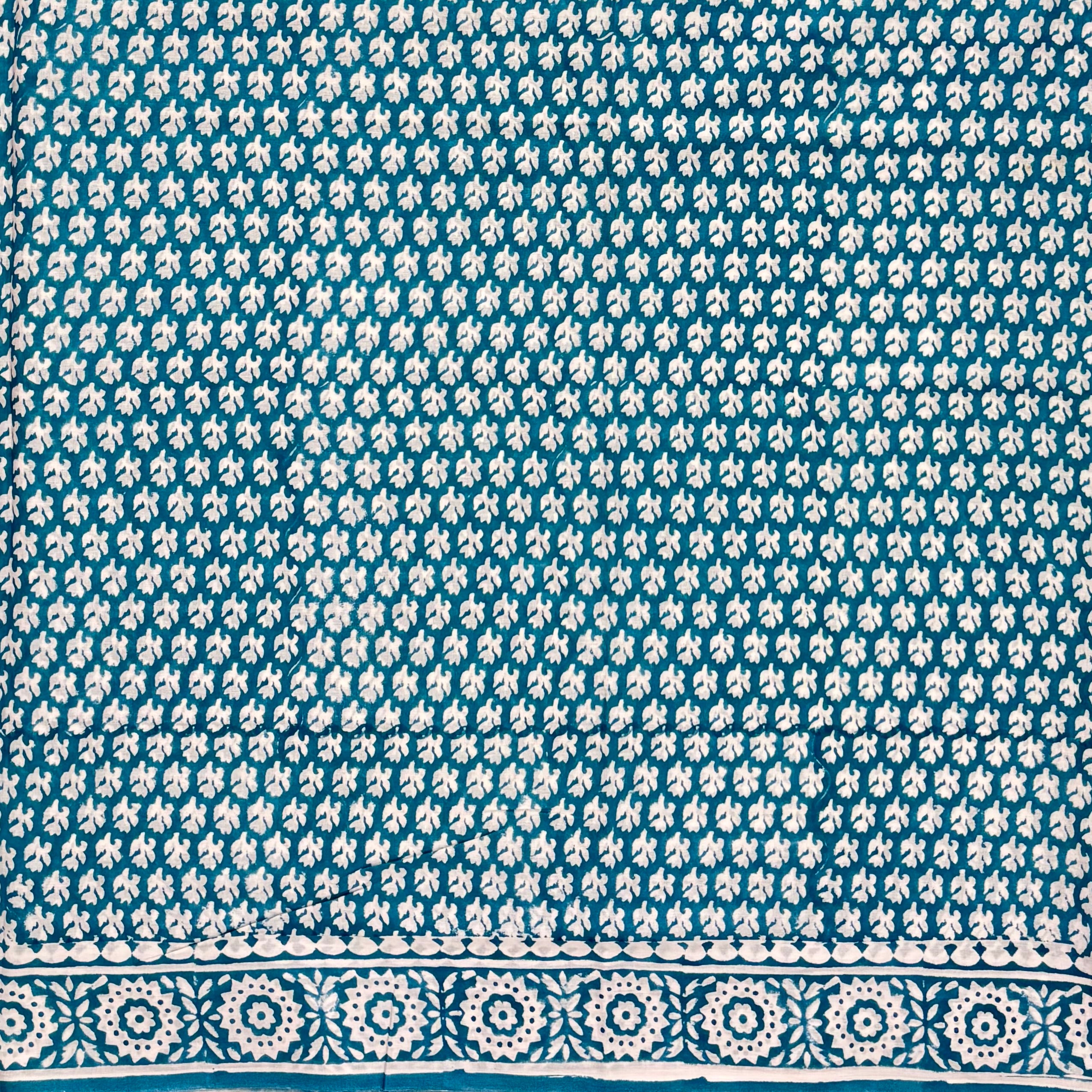 Teal White Cotton Block Printed Saree Body