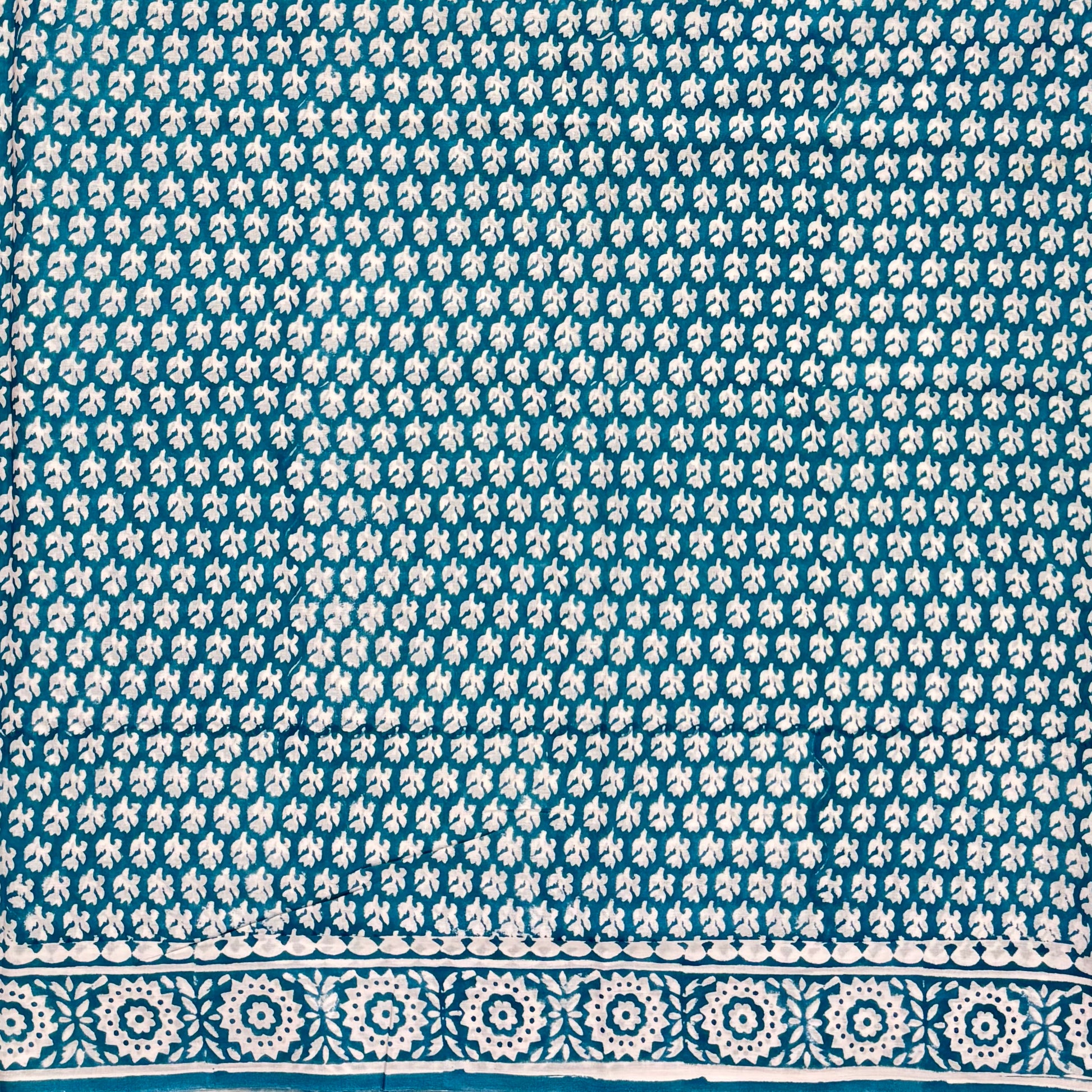 Teal White Cotton Block Printed Saree Body