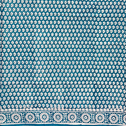 Teal White Cotton Block Printed Saree Body