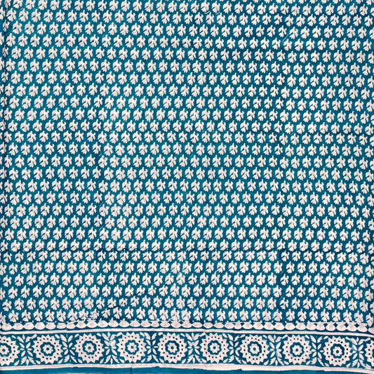 Teal White Cotton Block Printed Saree Body