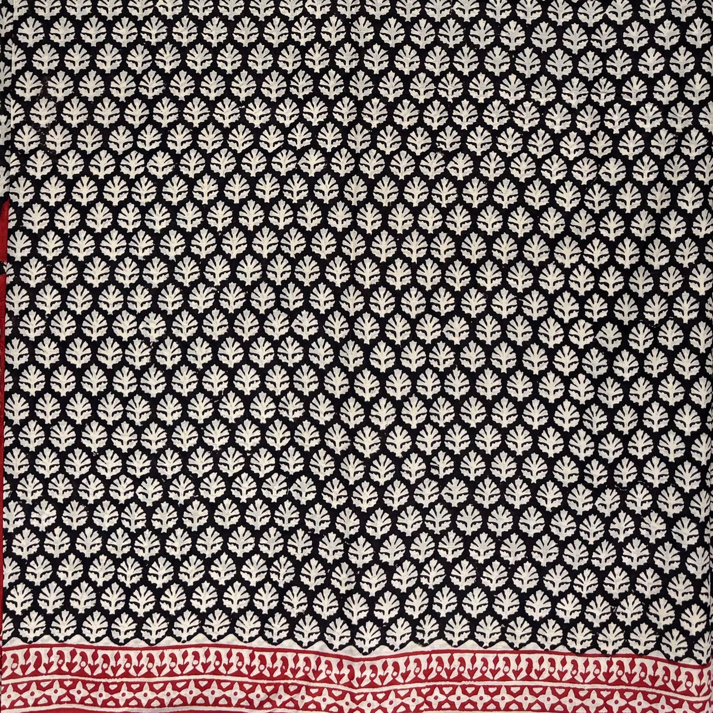 Black base cotton block printed saree with beige booti print all over and red border.