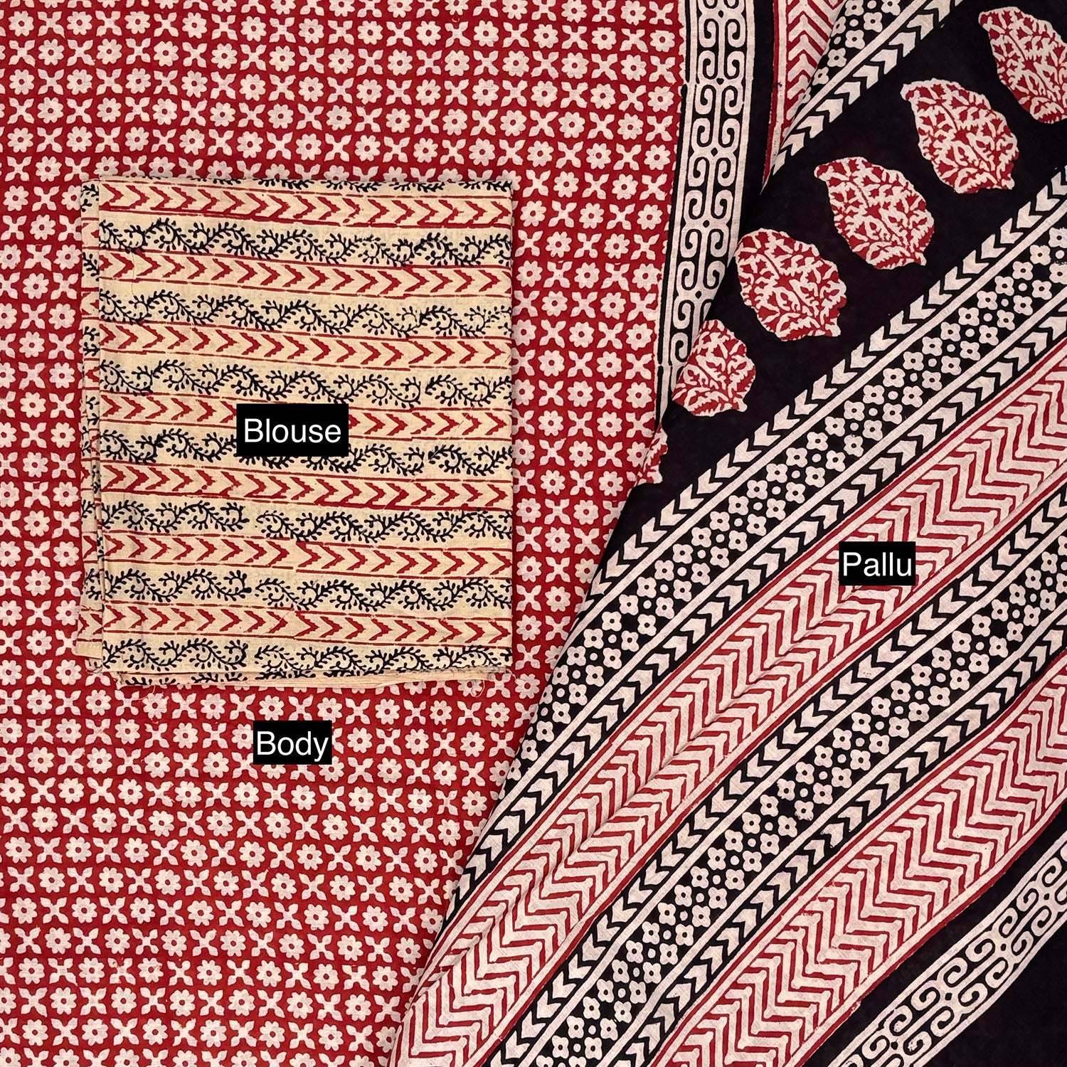 Red base colour saree with small beige booti block print all over with a contrasting beige colour blockprinted blouse material. Pallu on display. 