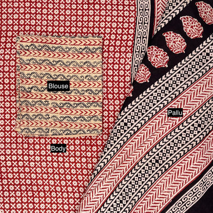 Red base colour saree with small beige booti block print all over with a contrasting beige colour blockprinted blouse material. Pallu on display. 