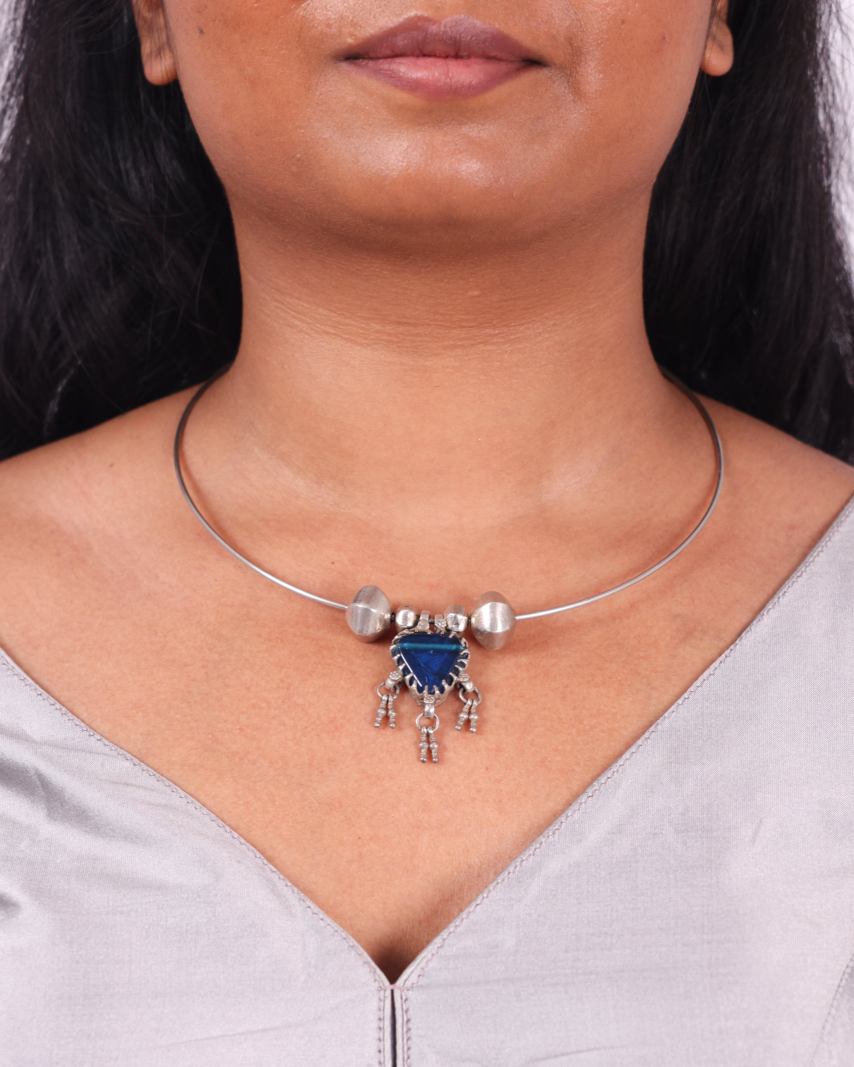 Maru Tribal Inspired Hasli with Vintage Pendant (#1 Blue)