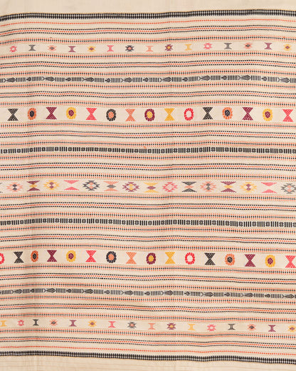 Close up of white kosa silk saree with traditional colourful silk thread motifs on display.