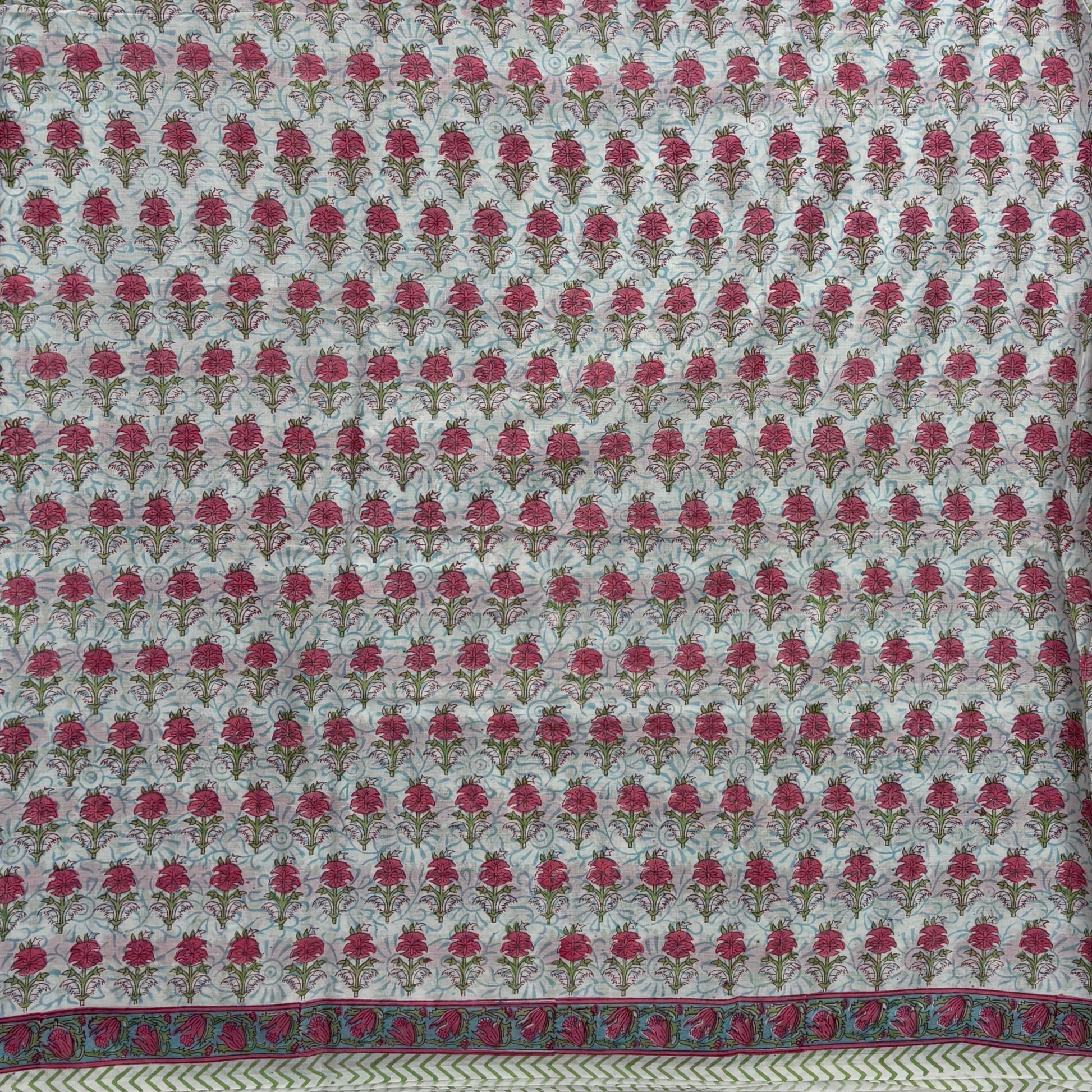 Bagru Blockprinted Cotton Saree - White with pink flower booti Body