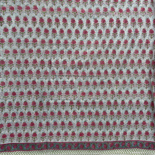 Bagru Blockprinted Cotton Saree - White with pink flower booti Body