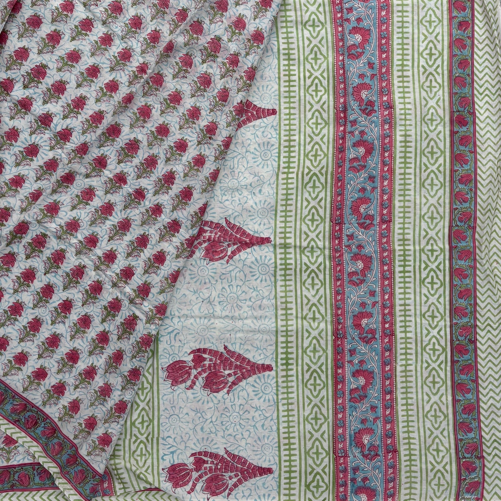 Bagru Blockprinted Cotton Saree - White with pink flower booti Pallu
