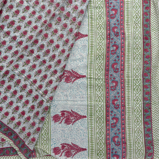 Bagru Blockprinted Cotton Saree - White with pink flower booti Pallu