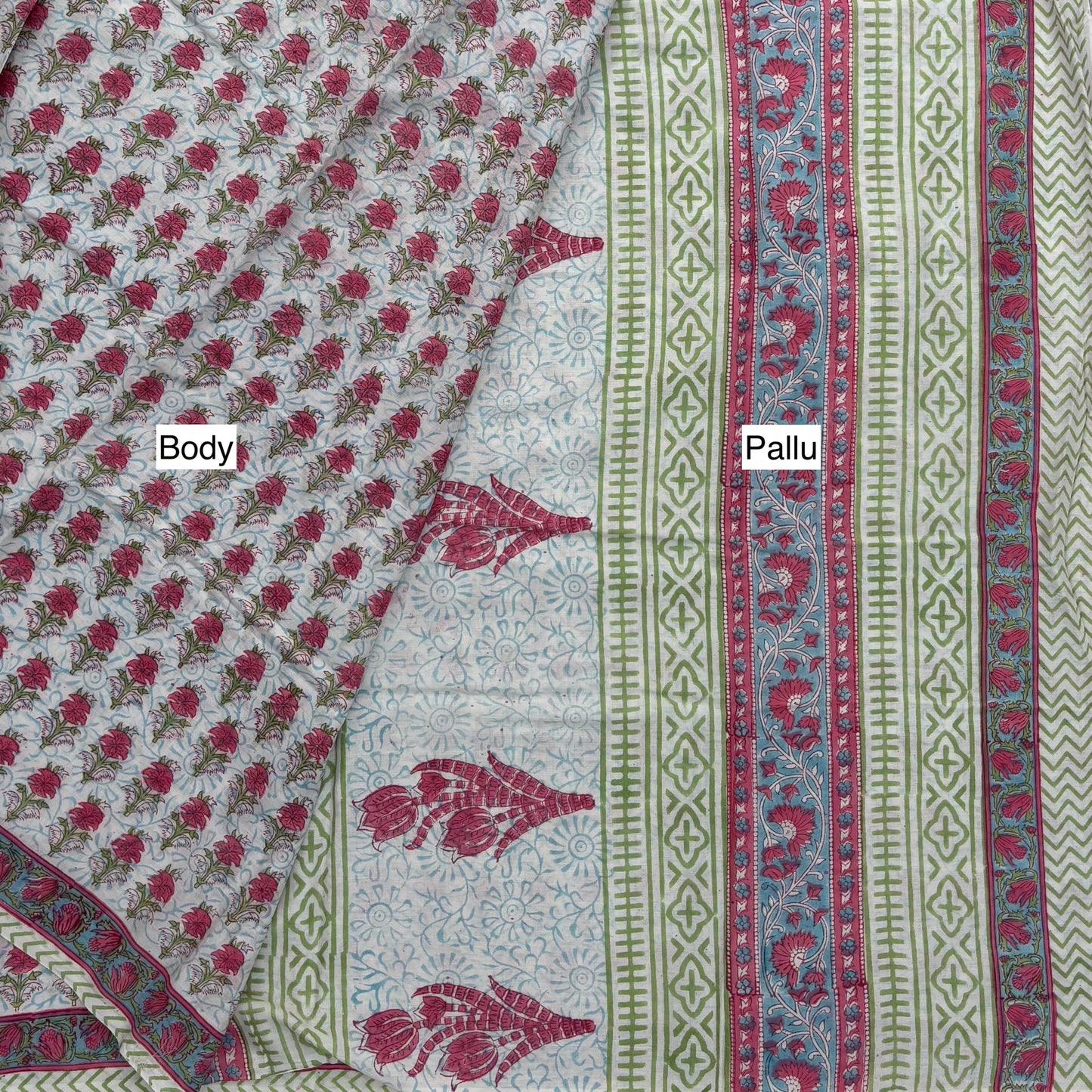 Bagru Blockprinted Cotton Saree - White with pink flower booti Body & Pallu