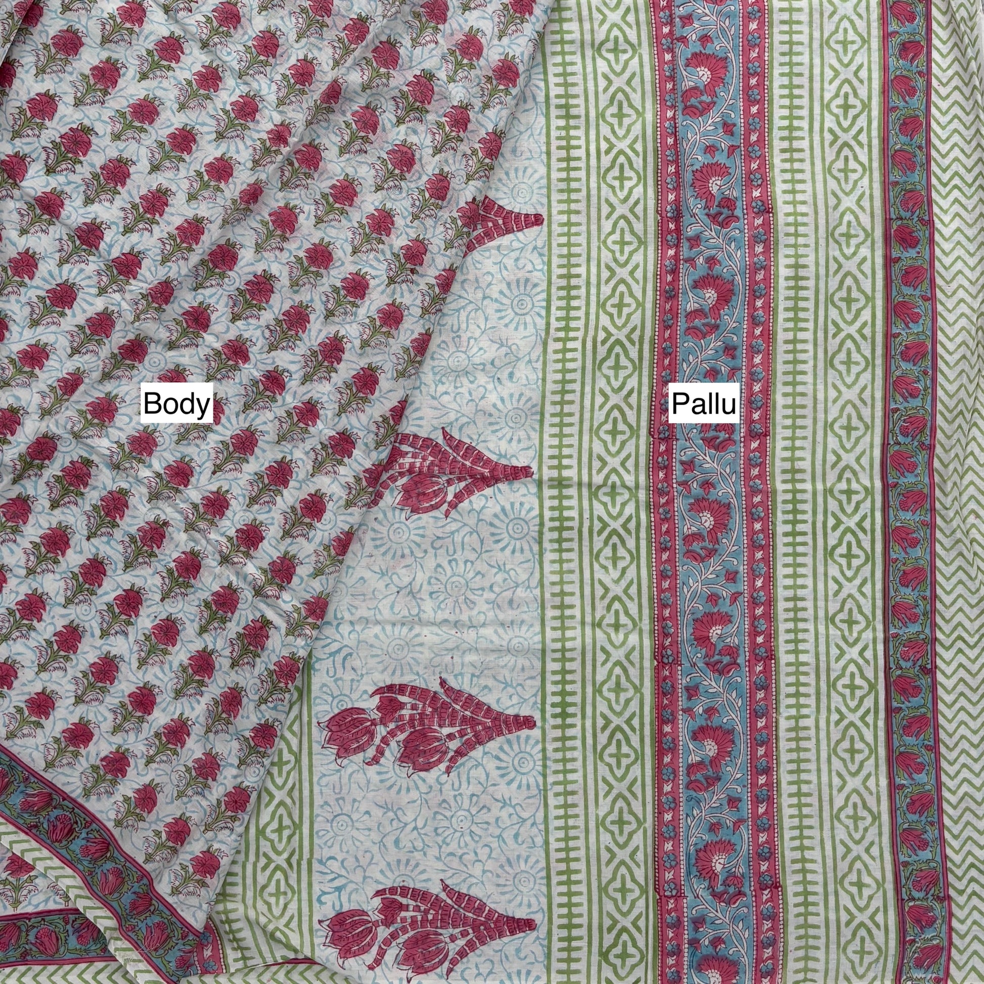 Bagru Blockprinted Cotton Saree - White with pink flower booti Body & Pallu