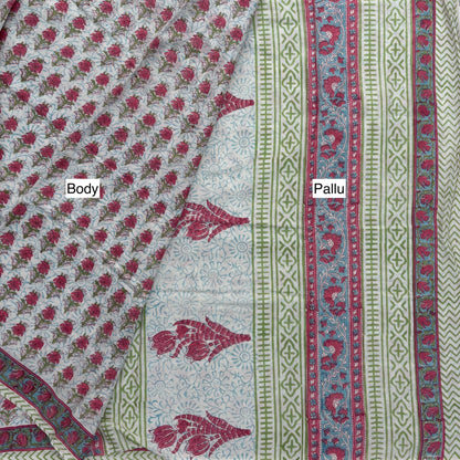 Bagru Blockprinted Cotton Saree - White with pink flower booti Body & Pallu